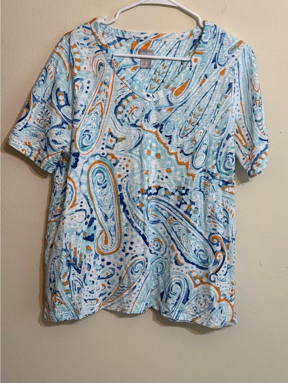 Chico's Paisley V-Neck Short Sleeve Top - Light Blue, Navy & Orange L